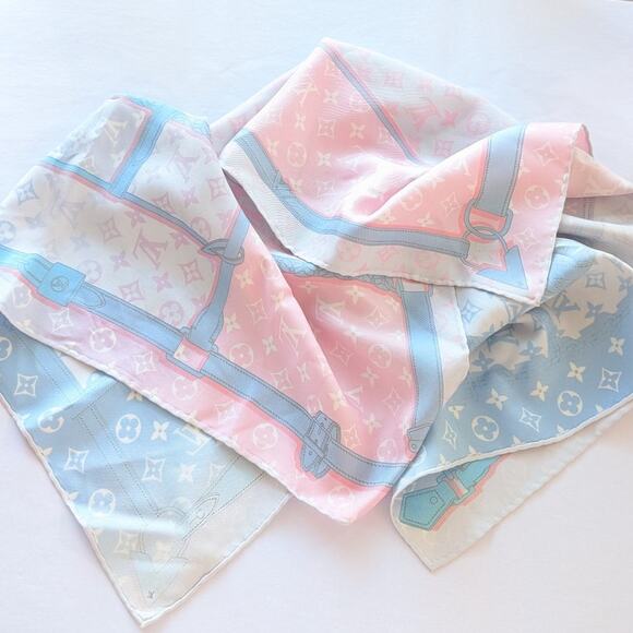 Louis Vuitton Pink/Blue Silk Monogram Confidential Square Scarf - Picture 1 of 9